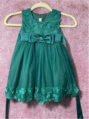 Emerald Green Lace Tulle Flower Girl Formal Pageant Dress Size 3 Applique Bow